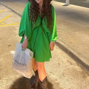 Black and Green Puff Sleeve Mini Dress